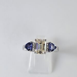 Genuine Strontium Titanate & Tanzanite Ring Rhodium Sterling Silver Size 7